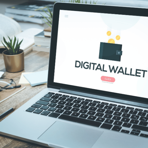 Digital wallet on computer screen for managing digital assets